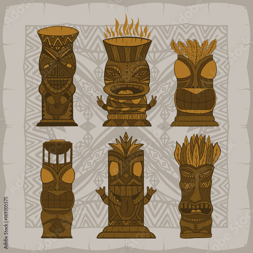 Wood Polynesian Tiki idols, gods statue carving. Vector