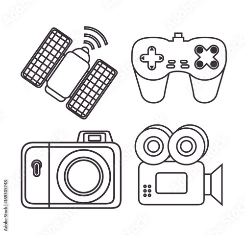 Videocamera camera satellite and gamepad of Express delivery and technology theme Vector illustration