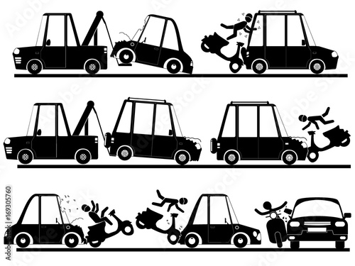 motorbike accident with car in silhouette set.