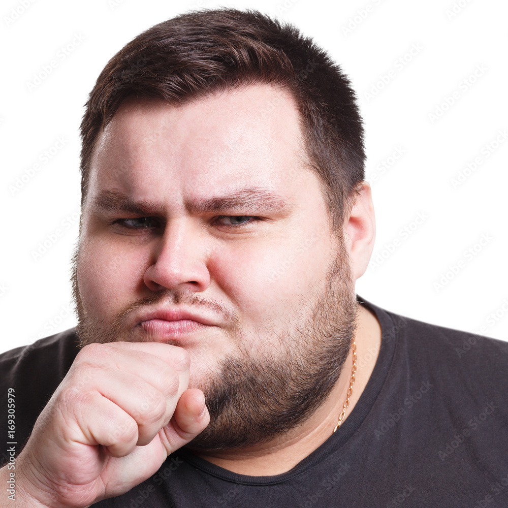 Obraz premium Lost in thoughts, smiling fat man with thoughtful face