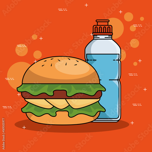 Hamburger and bottle of Fitness sport and gym theme Vector illustration