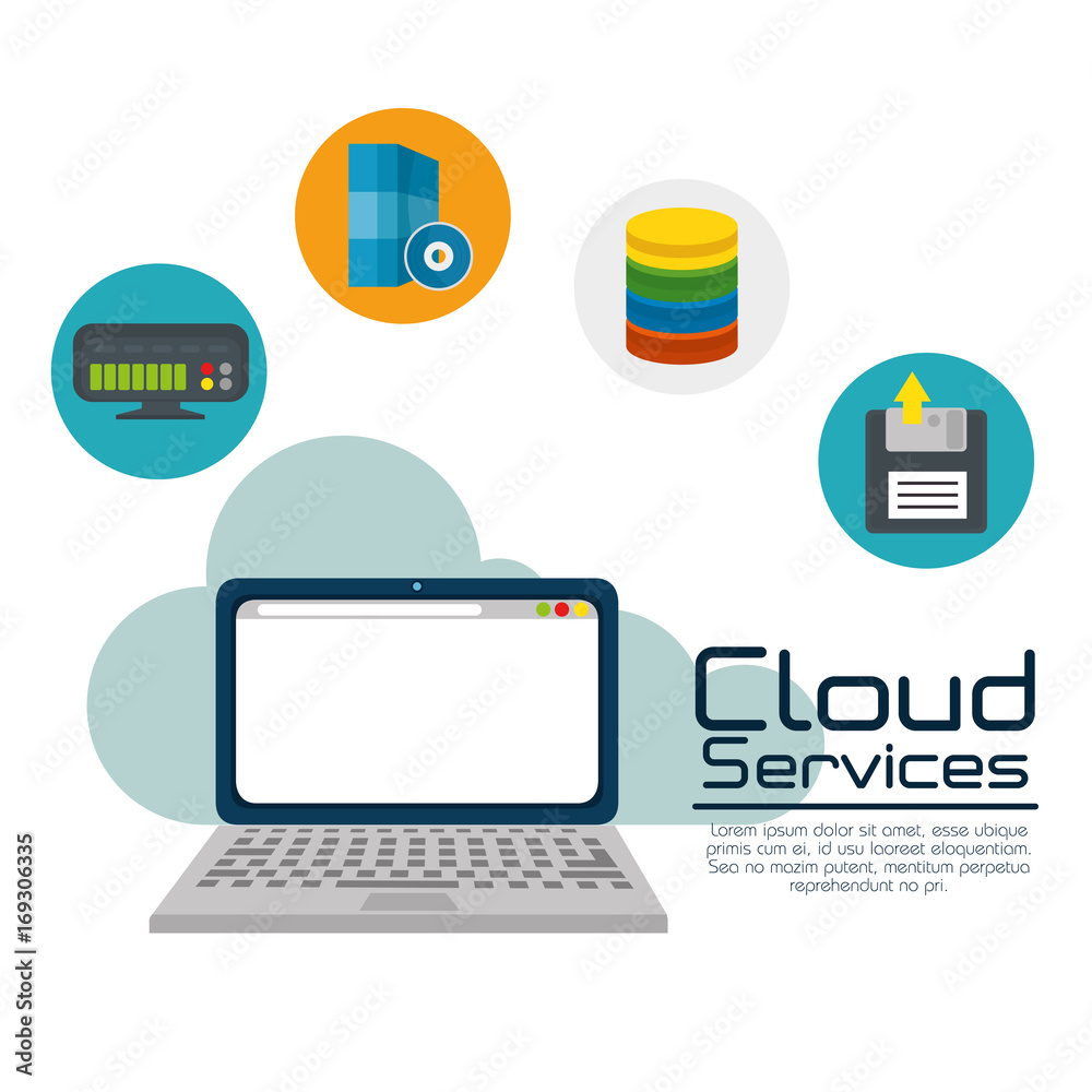 Laptop and icon set of Cloud computing and services theme Vector illustration Laptop and icon set of Cloud computing and services theme Vector illustration