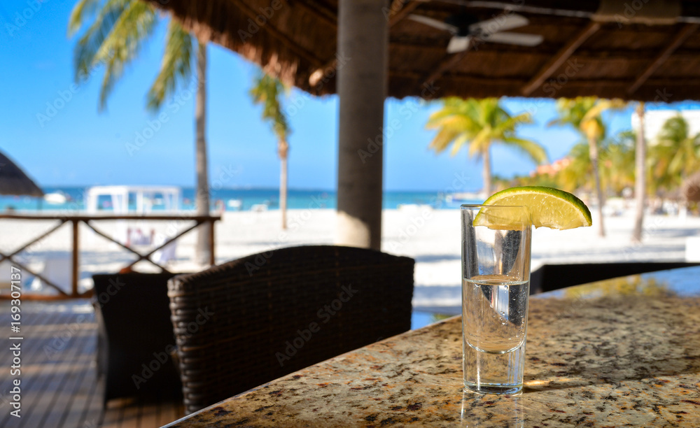 Tequila shot on the beach bar