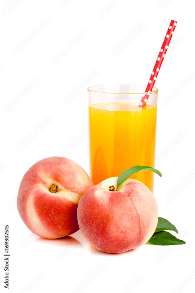 Glass of fruit juice with straw and peaches isolated on white background Glass of fruit juice with straw and peaches isolated on white background