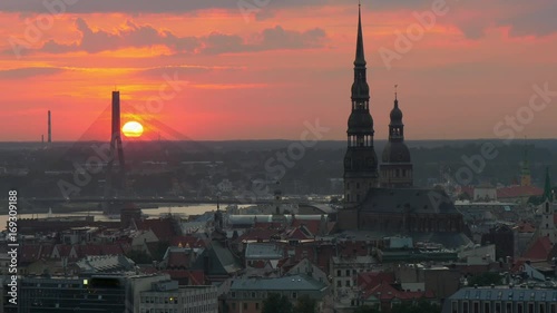 Sunset aerial view of Riga old town, Latvia