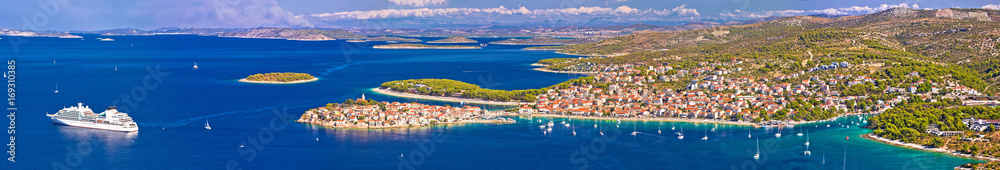 Adriatic tourist destination of Primosten aerial panoramic archipelago view