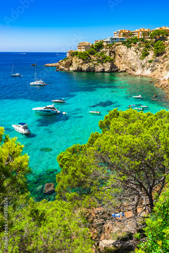 Majorca Spain Mediterranean Sea Coast bay with boats at Santa Ponsa