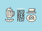Linear of icons on theme of beer festival: beer mug, sausage, pretzel, bavarian hat. Oktoberfest beer festival.