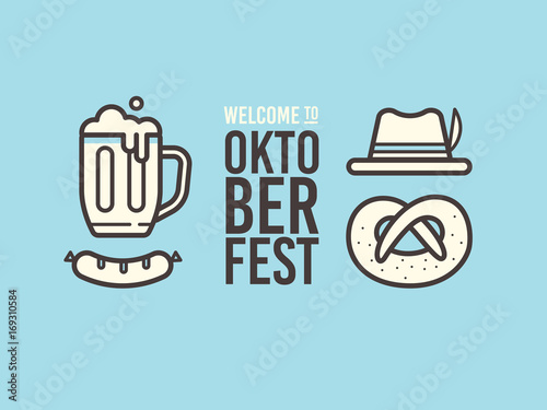 Linear of icons on theme of beer festival: beer mug, sausage, pretzel, bavarian hat. Oktoberfest beer festival.