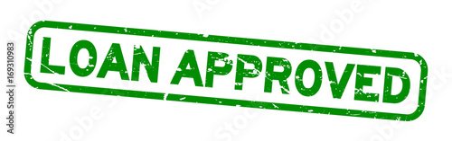 Grunge green loan approve square rubber seal stamp on white background
