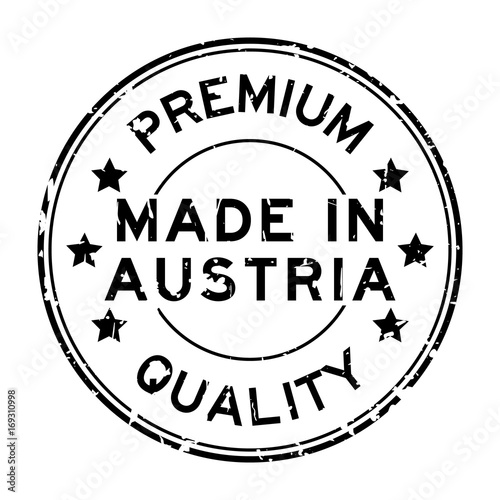 Grunge black premium quality made in Austria round rubber seal stamp on white background