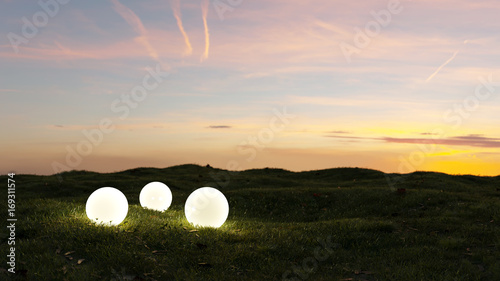 three glowing spheres illumination a garden at sunset 3d rendering