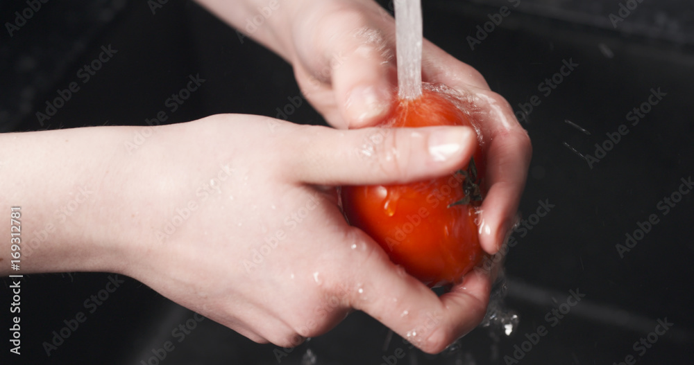 female teen hands washing tomatoes in water female teen hands washing tomatoes in water