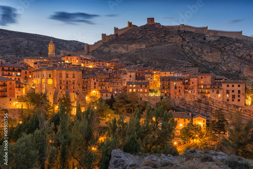 Views over Albarracin with lights. Aragon, Spain