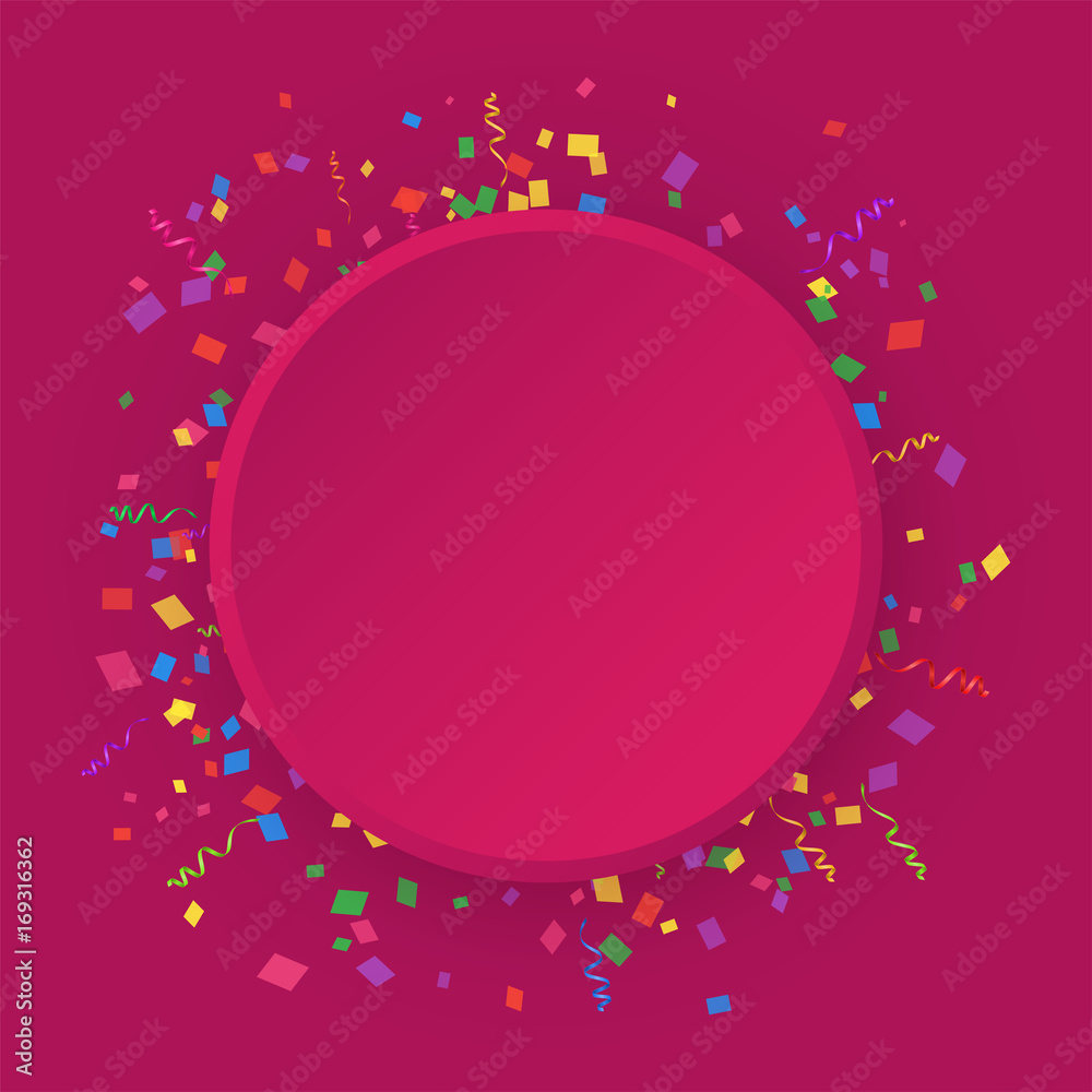 Round banner on a pink background with colored confetti and ribbons. Vector illustration Round banner on a pink background with colored confetti and ribbons. Vector illustration
