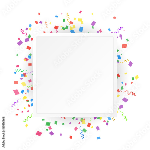 A square banner on a white background with colored confetti and ribbons. Vector illustration