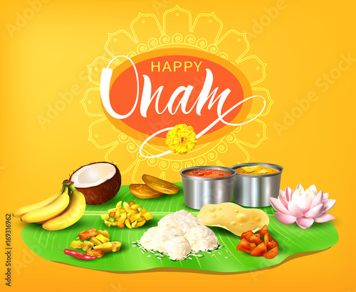 Happy Onam background with traditional food (sadya) served on banana leaf for South India harvest festival. Vector illustration.