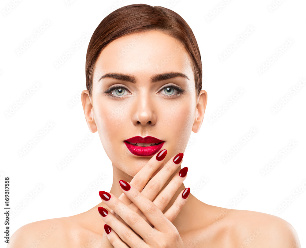 Woman Beauty Face Lips and Nails, Red Lipstick Nail Polish, Beautiful Girl over White Background Woman Beauty Face Lips and Nails, Red Lipstick Nail Polish, Beautiful Girl over White Background