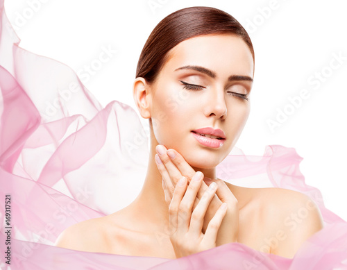 Woman Beauty Makeup  Face Skin Care Natural Make Up  Beautiful Model Touching Neck Chin  eyes closed