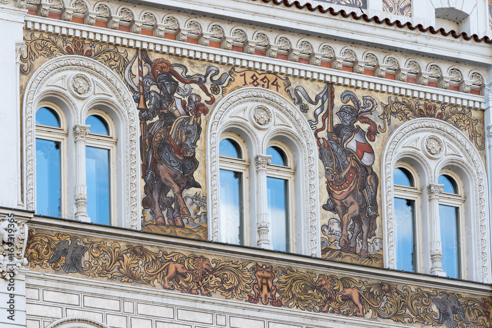 Obraz premium Pilsen, Czech Republic - August 16, 2017: Detail of a facade of an ancient building in the historic center of the city