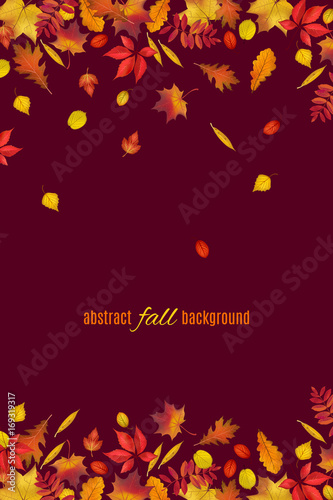 Autumn leaves border isolated on dark brown background. Abstract fall background for your greeting cards design or website. Vector illustration