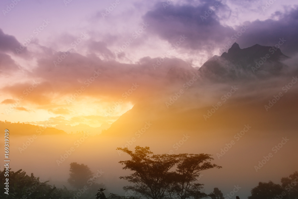Doi Luang Chiang Dao mountain with sunrise and fog in the morning, Chiang Mai Province, Thailand