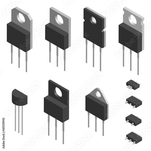 Set of different transistors in 3D, vector illustration.