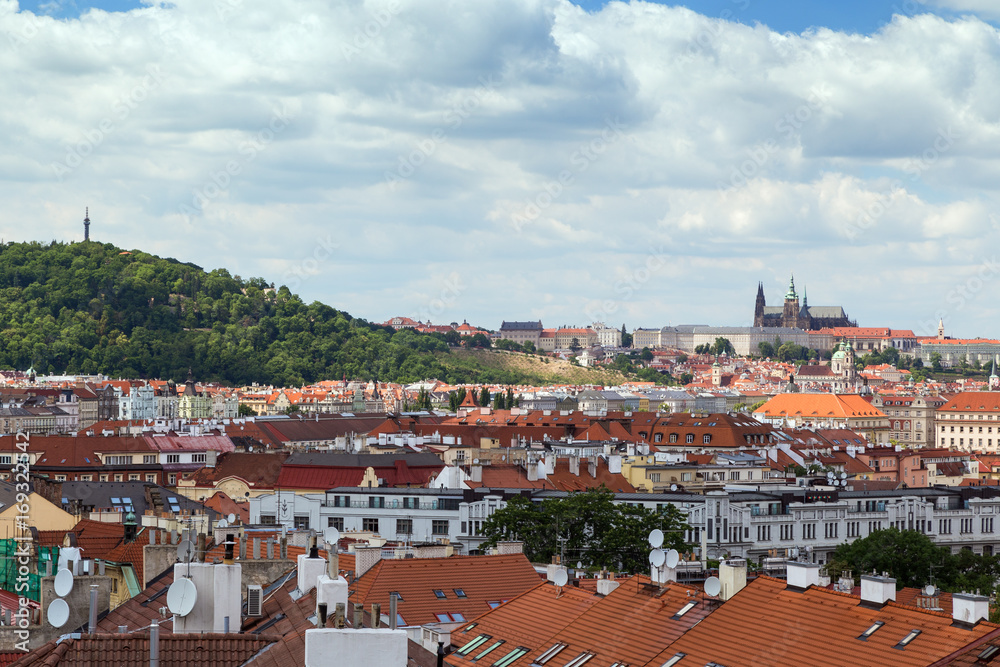 Petrin Hill, Prague (Hradcany) Castle and old buildings in Prague, Czech Republic, viewed from the Vysehrad fort.