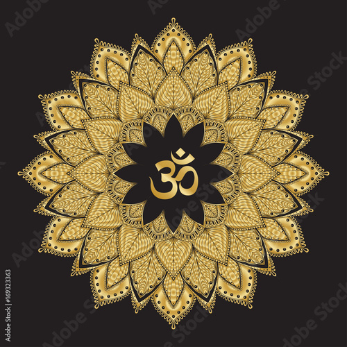 Om symbol with mandala. Round golden Pattern on black background.