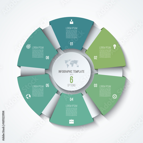 Circle infographic template. Process wheel. Vector pie chart. Business concept with 6 options, parts, steps. Can be used for diagram, graph, chart, step by step infographics, web design
