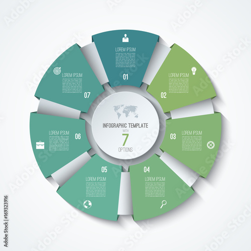 Circle infographic template. Process wheel. Vector pie chart. Business concept with 7 options, parts, steps. Can be used for diagram, graph, chart, step by step infographics, web design