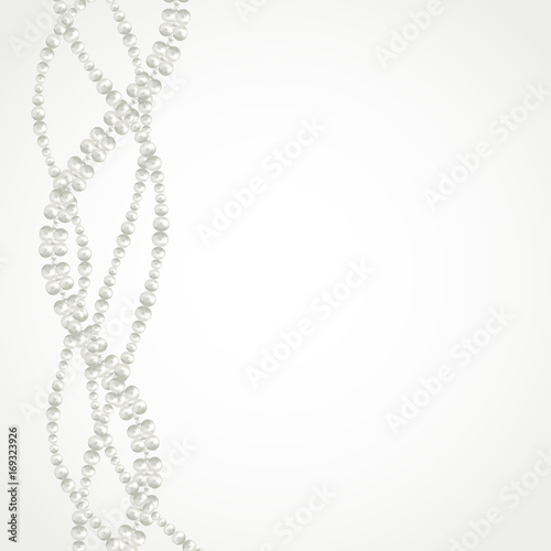 Abstract vector background with beautiful 3D shiny natural white pearl beads on white. Good for celebratory design, Christmas decorations. wedding theme. Vector illustration.