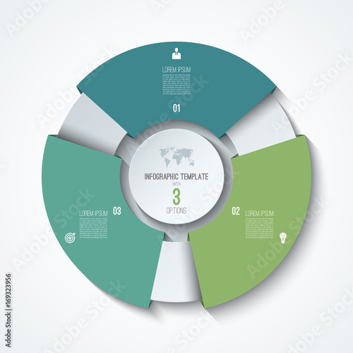 Circle infographic template. Process wheel. Vector pie chart. Business concept with 3 options. Can be used for diagram, graph, chart, step by step infographics, web design