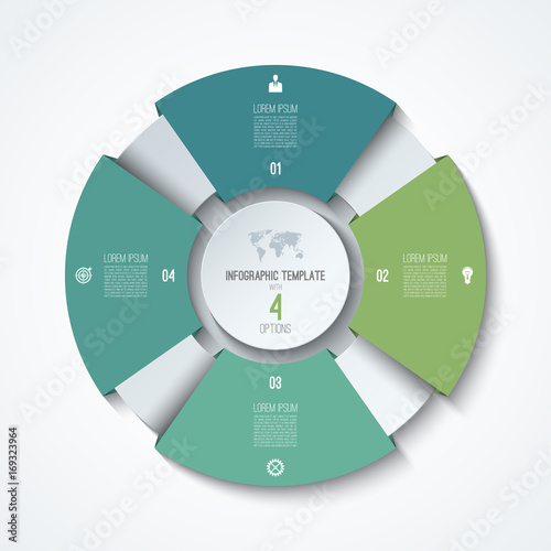 Circle infographic template. Process wheel. Vector pie chart. Business concept with 4 options, parts, steps. Can be used for diagram, graph, chart, step by step infographics, web design
