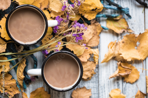 hot chocolate and autumn foliage