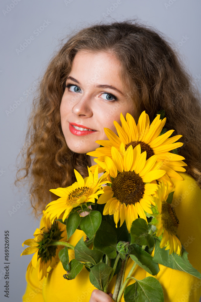 woman with sunflower flowers, woman with sunflower flowers,