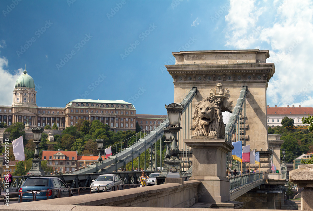 Budapest, lion statue decorating the Chain bridge