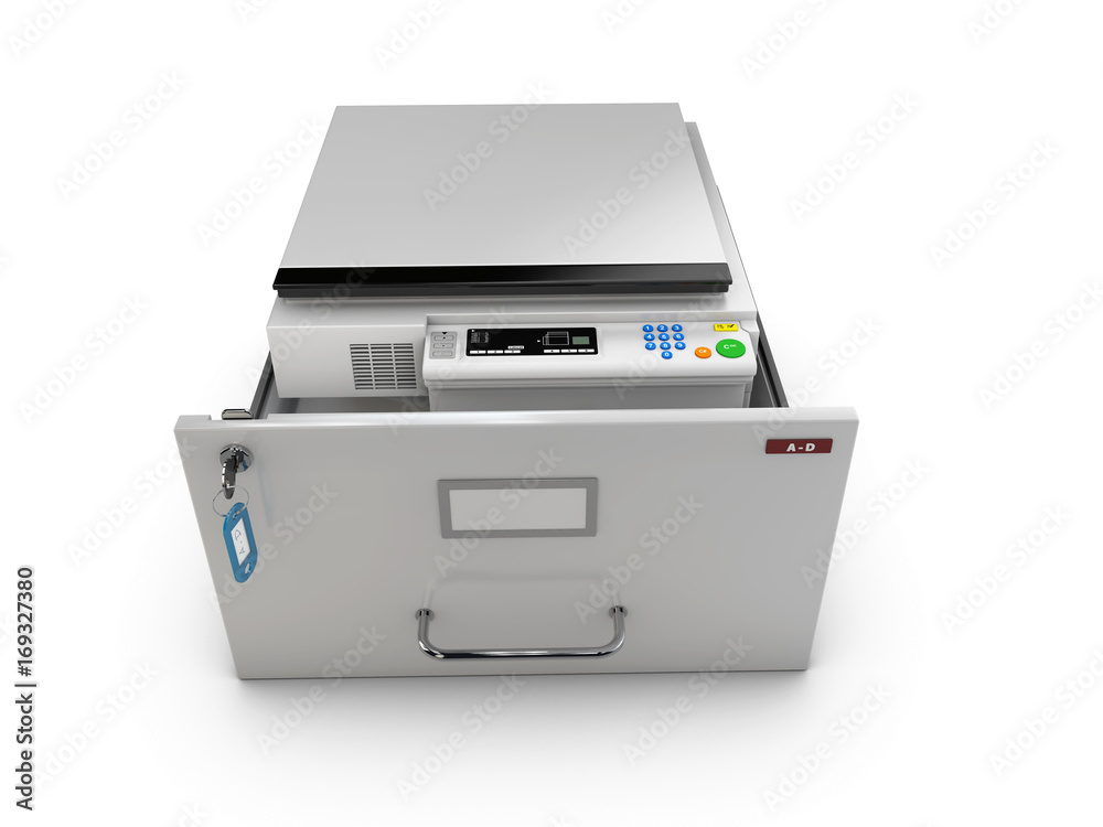 3d Illustration of open drawer with copy machine inside 3d Illustration of open drawer with copy machine inside