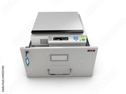 3d Illustration of open drawer with copy machine inside