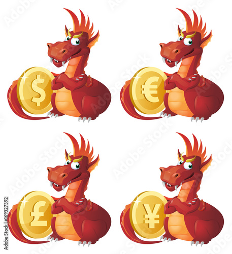 Red Dragon guards symbols of different currencies. Dollar, euro, yen, pound sterling. Cartoon styled vector illustration. Elements is grouped. Isolated on white. No transparent objects.