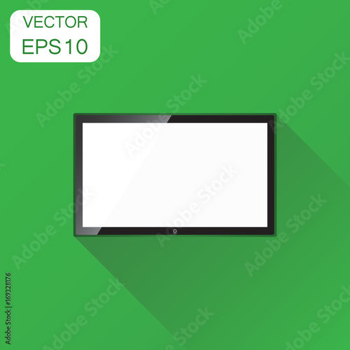 Realistic tv screen icon. Business concept television pictogram. Vector illustration on green background with long shadow.