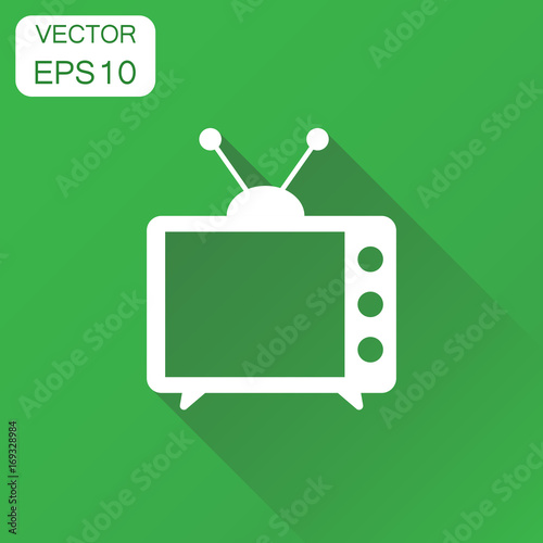 Tv icon. Business concept television pictogram. Vector illustration on green background with long shadow.