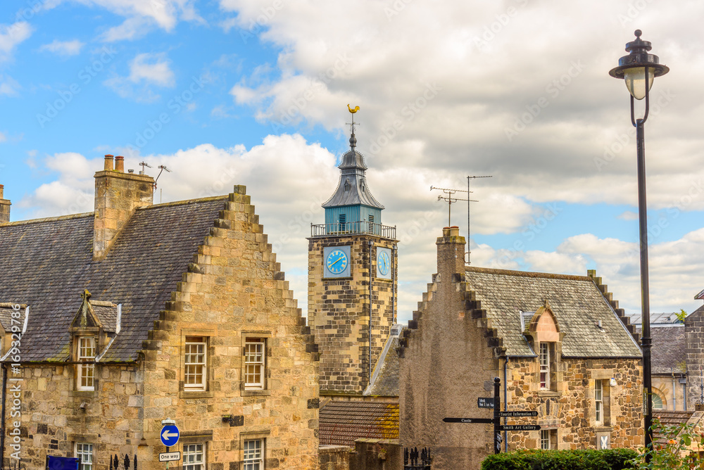 View of the medieval old town of Stirling in Scotland with the clock tower