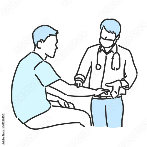 A doctor is giving treatment to a patient. line drawing. hand drawn. vector illustration.