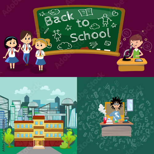 Back to school set of pictographs, childrens life newspaper and library, boys basketball girls cheerleader team, teacher with pupils at class, professor lecture college, building vector illustration