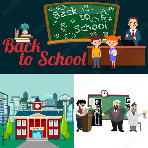 Back to school set of pictographs, childrens life newspaper and library, boys basketball girls cheerleader team, teacher with pupils at class, professor lecture college, building vector illustration