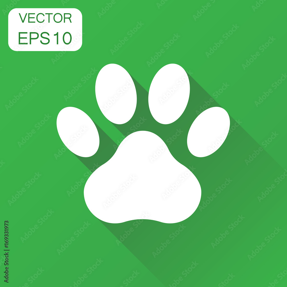 Paw print icon. Business concept dog, cat, bear paw symbol pictogram. Vector illustration on green background with long shadow.