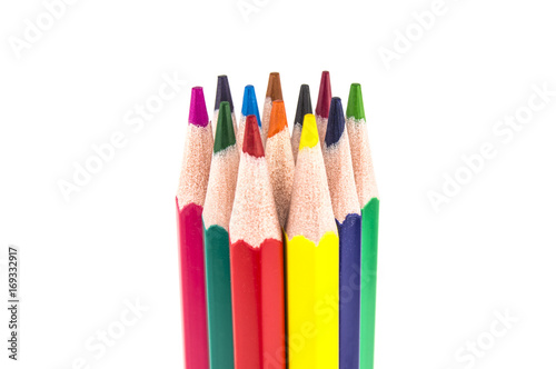 Colored pencils on a white background