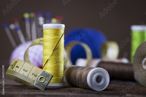 Sewing instruments, threads, needles, bobbins and materials.