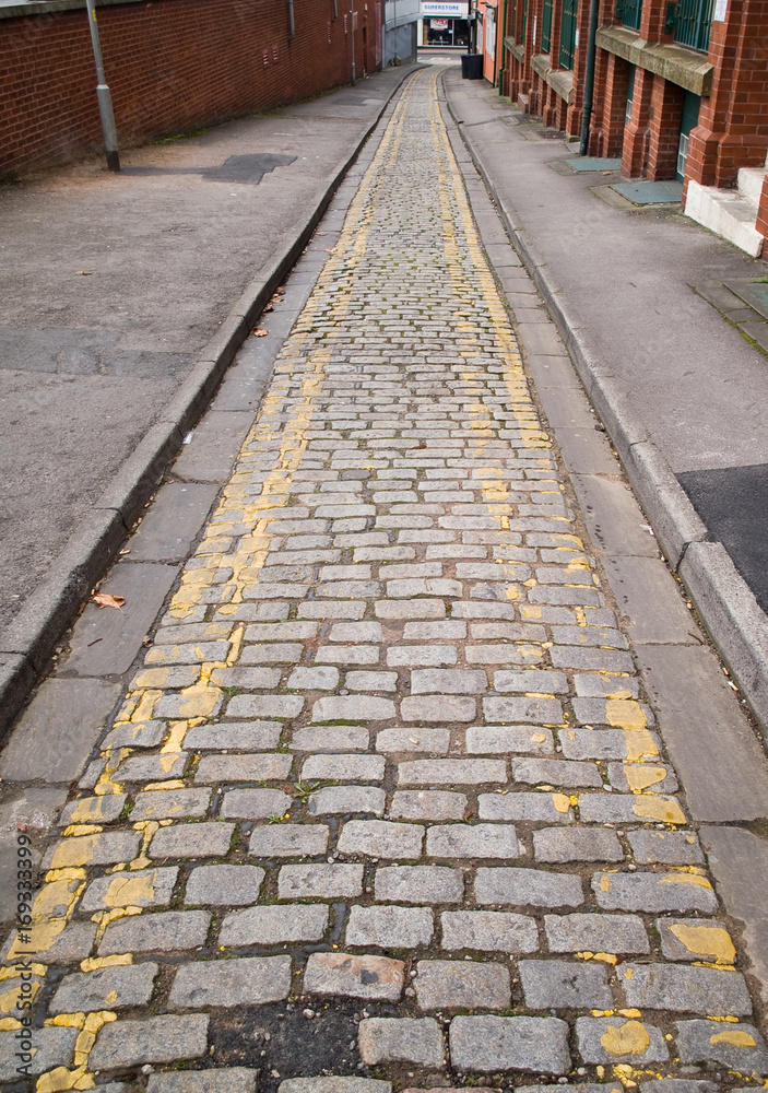 Very narrow cobbled lane with double yellow lines indicating no parking. Located Preston, Lancashire.